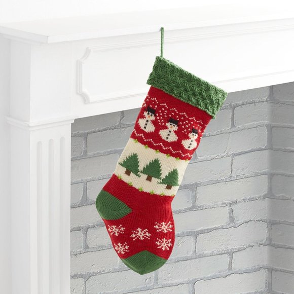 World Market Red And Green Snowman Knit Christmas Stocking NEW - Picture 1 of 1
